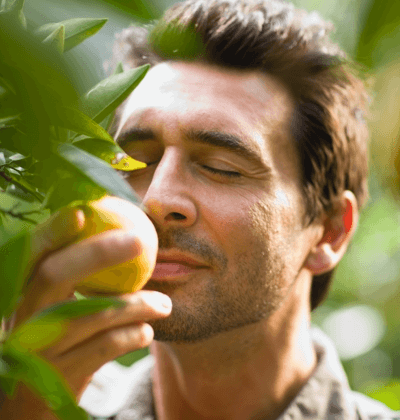 Content, younger male patient smelling a lemon tree